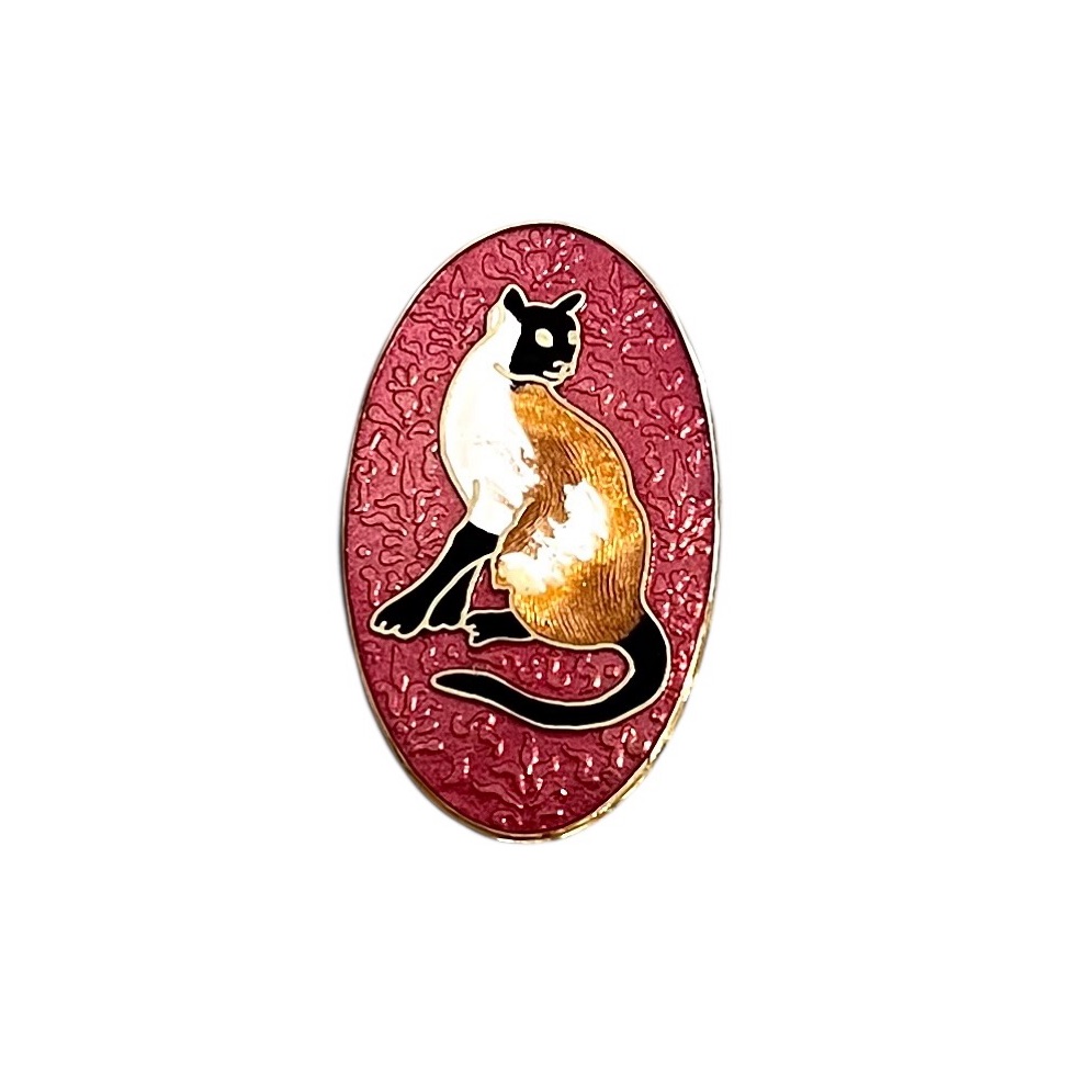 Vintage Cloisonn Siamese Cat Brooch Gold Tone